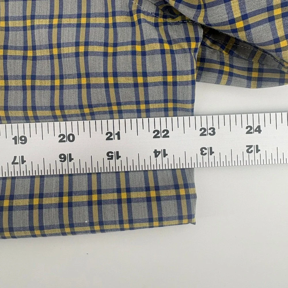 Banana Republic Mens Slim Flex Fit Tech Stretch Plaid Shirt Grey Blue Yellow L